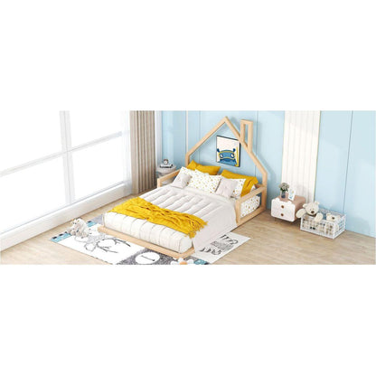 Full Size Wood Floor Bed with House-shaped Headboard, Natural