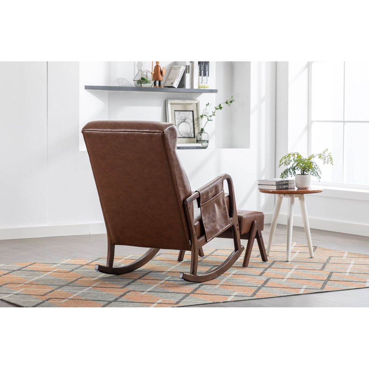 Rocking Chair With Ottoman, Mid-Century Modern Upholstered Fabric Rocking Armchair, Rocking Chair Nursery with Thick Padded Cushion, High Backrest Accent Glider Rocker Chair for Living Room