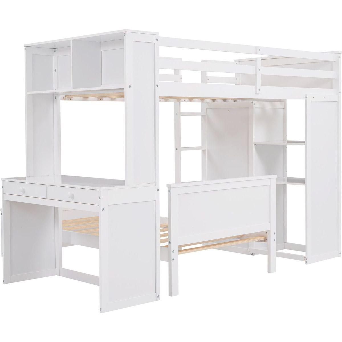 Twin size Loft Bed with a Stand-alone bed, Shelves,Desk,and Wardrobe-White