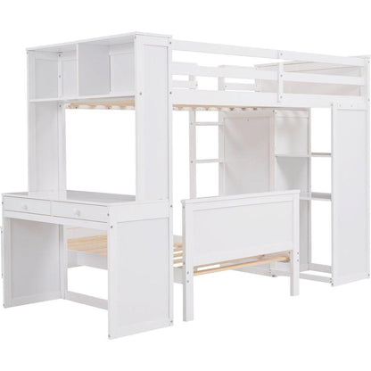 Twin size Loft Bed with a Stand-alone bed, Shelves,Desk,and Wardrobe-White