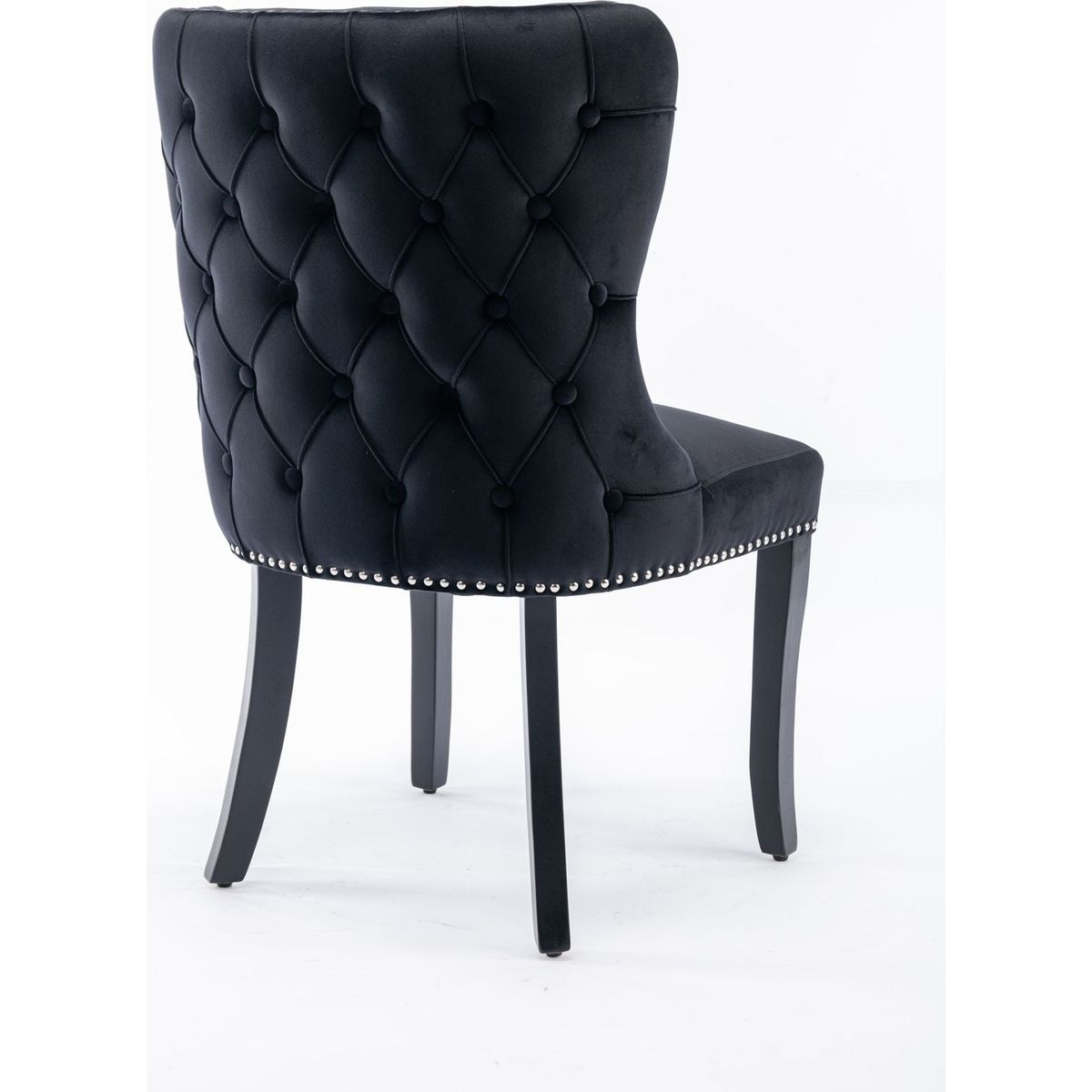 Set of 2 Black Velvet upholstered wing-back dining chair with backstitching nailhead trim and solid wood legs