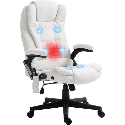 6 Point Vibrating Massage Office Chair with Heat, Linen High Back Executive Office Chair with Reclining Backrest, Padded Armrests and Remote, Cream White