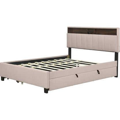 Queen size Upholstered Platform Bed with Storage Headboard, Twin XL Size Trundle & 2 drawers and a set of Sockets & USB Ports, Linen Fabric, Beige