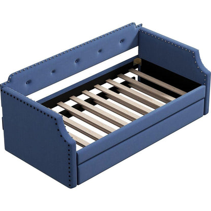 Upholstered Daybed with Trundle, Wood Slat Support,Upholstered Frame Sofa Bed, Twin,Blue
