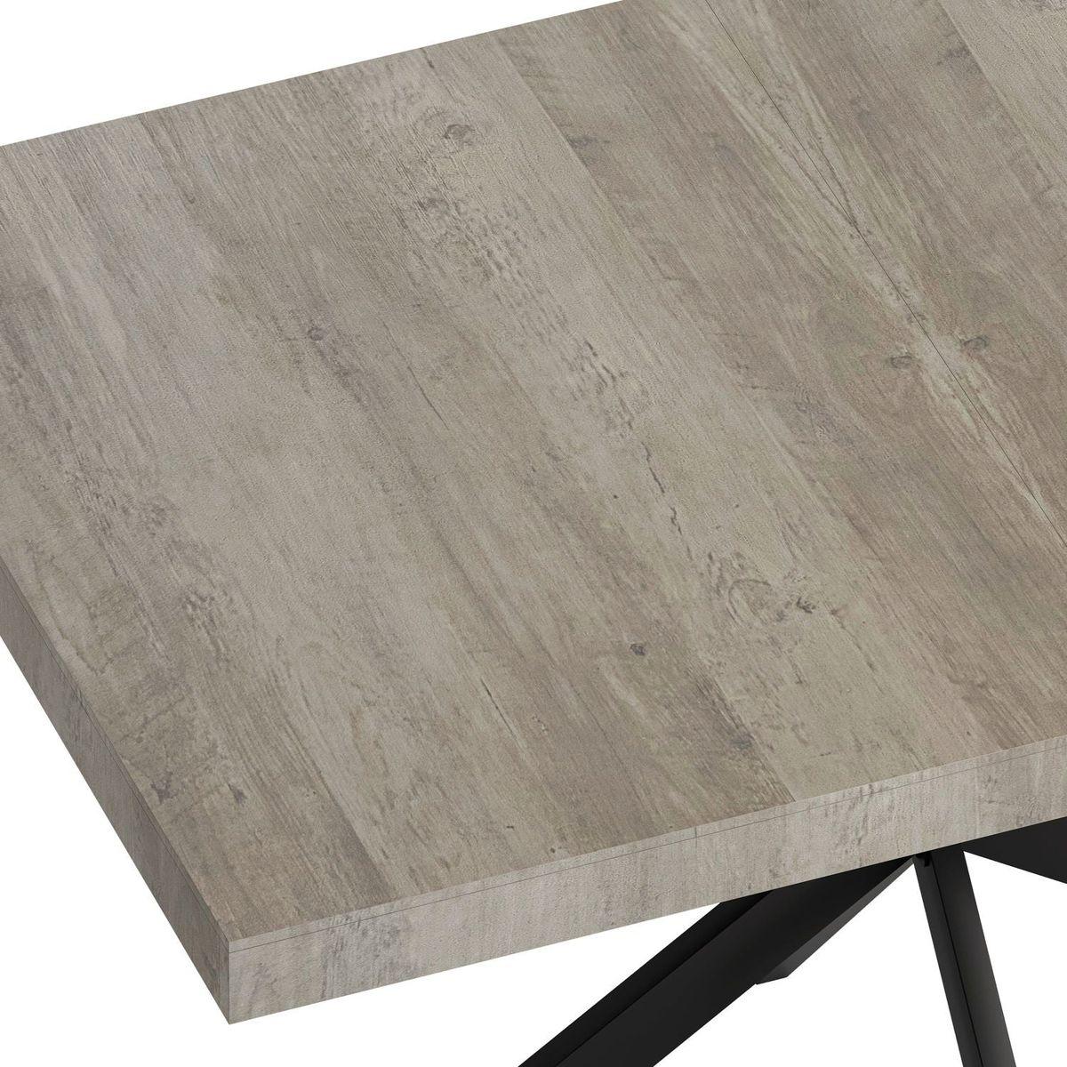 55.11" -70.86"Retro Rectangular Stretch Dining Table, Grey Carole Top With Black Embossed Center Plate, Black Fine Sand Cross Iron Foot Base Dining Table, With Storage Box.