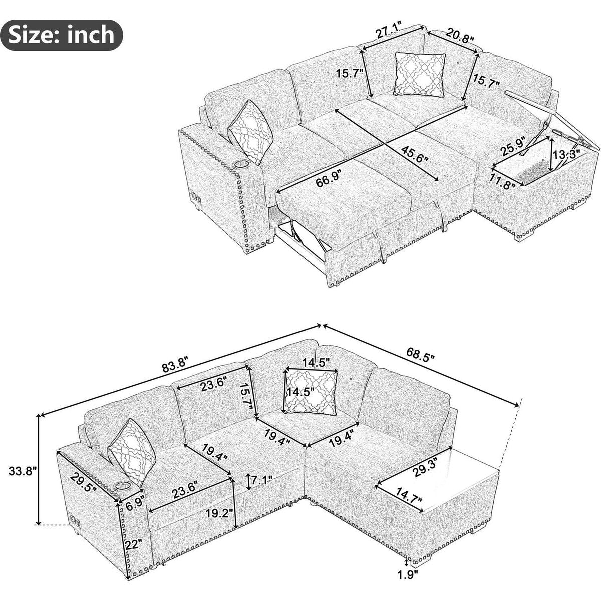 83.8" Reversible Sectional Pull-Out Sofa Bed L-Shaped Corner Sofa Couch with Storage Chaise, USB Ports, Power Sockets, Cup Holder for Living Room, Bedroom, Study, Black