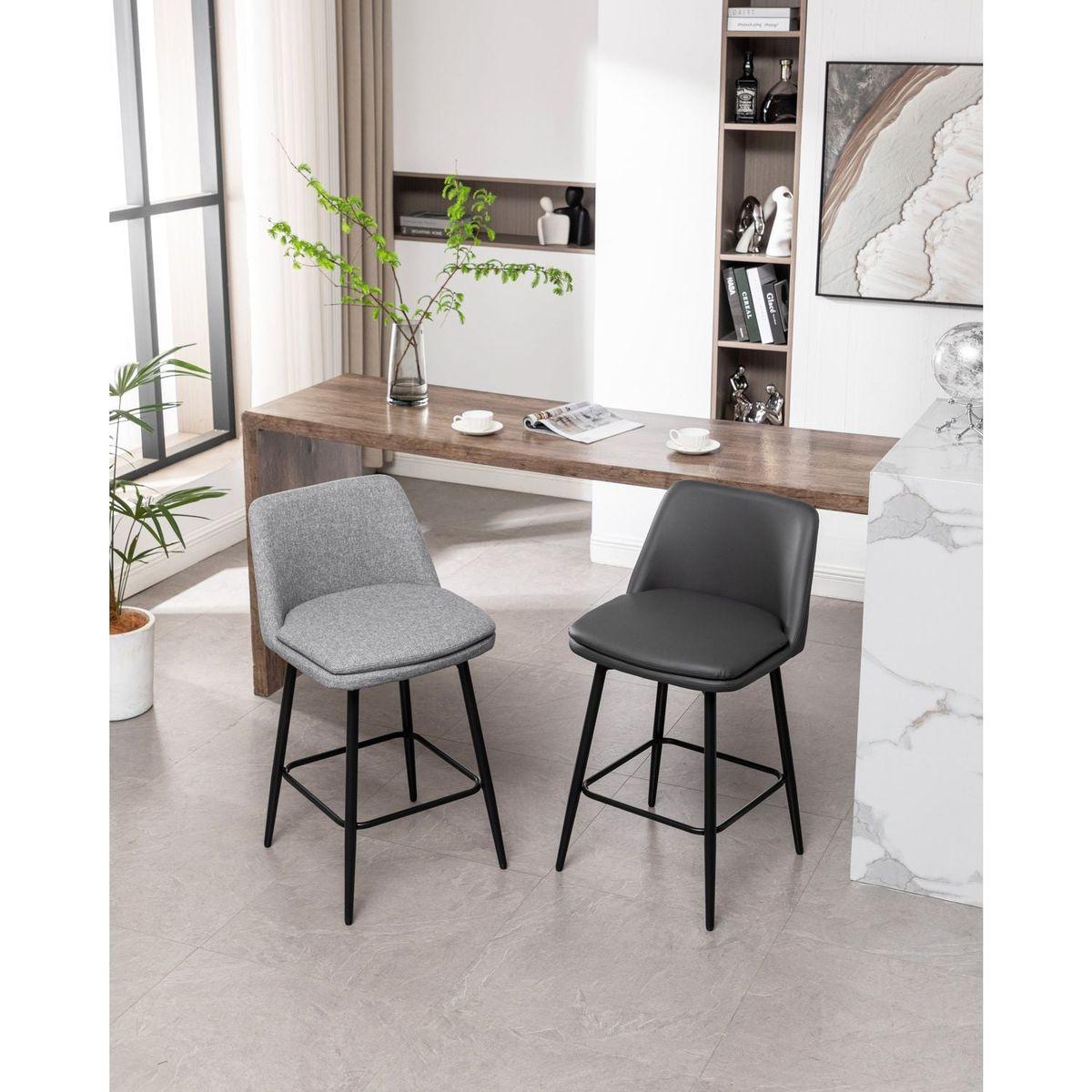 Counter Height Swivel Bar Stools Set of 2, 360 Swivel Upholstered Barstools with Back and Metal Legs, 25.6" Seat Height,Counter Stools for Kitchen Island and Pub,Linen Cloth,Grey