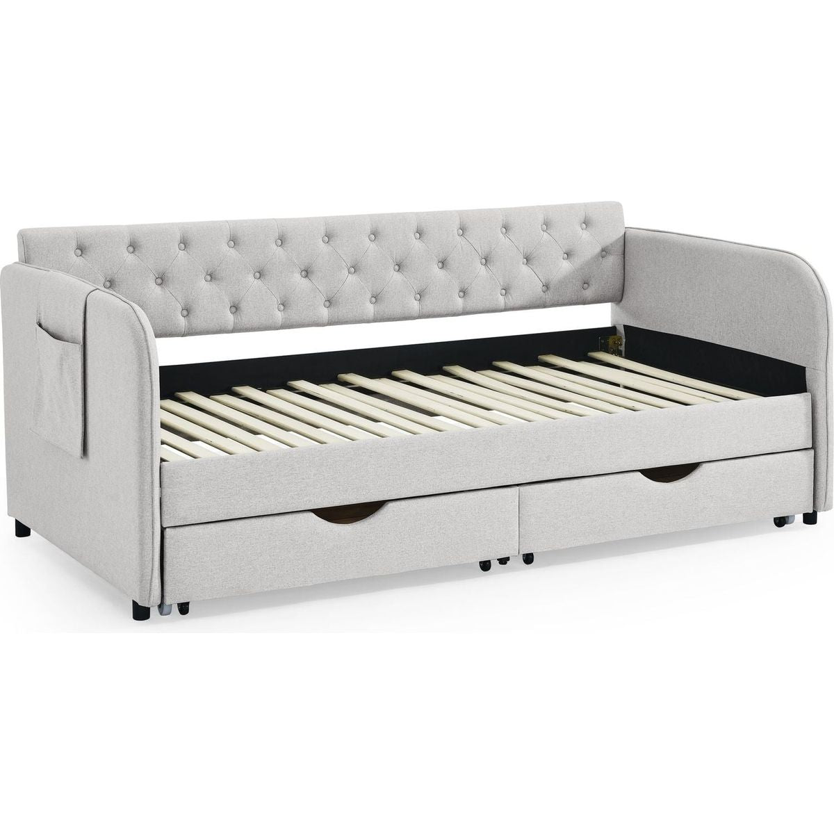 Twin Size Upholstery Daybed with Trundle Bed and Two Storage Drawers, Flat Arms with Pocket, Extendable Daybed for Bedroom Living Room,Linen Beige