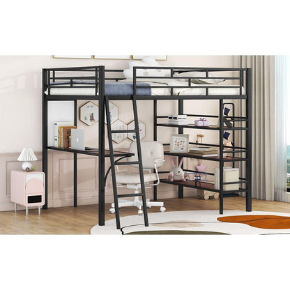 Full Size Loft Metal Bed with 3 Layers of Shelves and Desk, Stylish Metal Frame Bed with Whiteboard, Black
