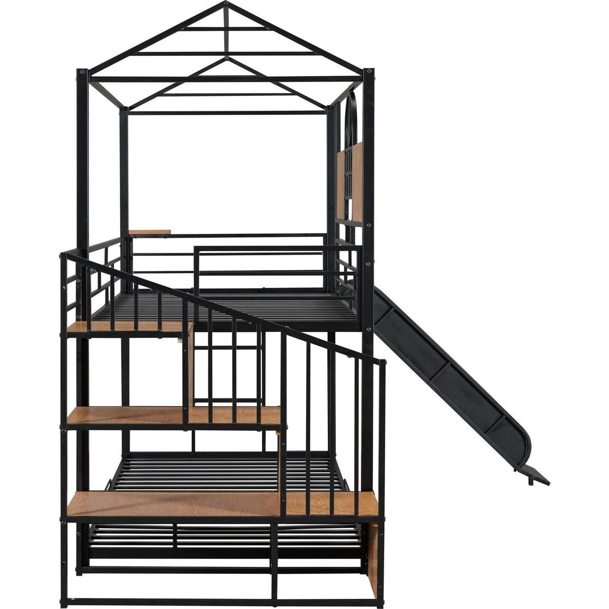 Twin Over Twin Metal Bunk Bed, Metal Housebed with Slide and Storage Stair, Black with Black Slide