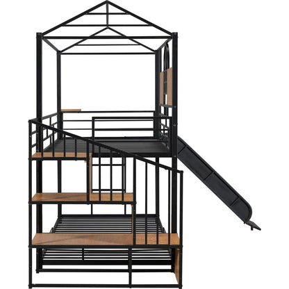 Twin Over Twin Metal Bunk Bed, Metal Housebed with Slide and Storage Stair, Black with Black Slide