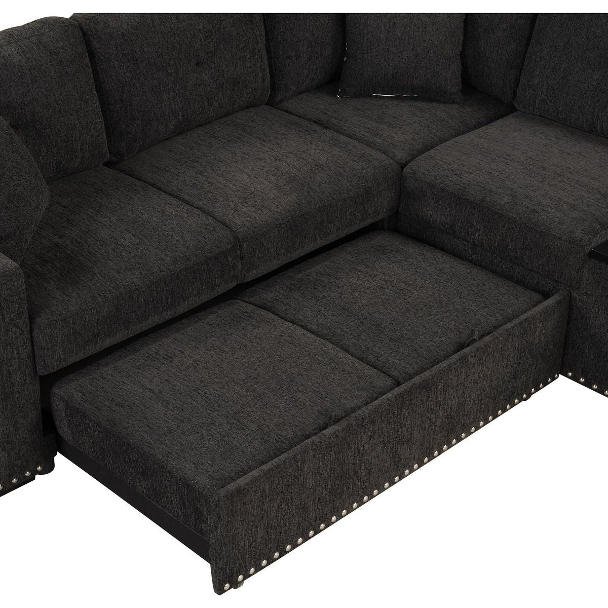 83.8" Reversible Sectional Pull-Out Sofa Bed L-Shaped Corner Sofa Couch with Storage Chaise, USB Ports, Power Sockets, Cup Holder for Living Room, Bedroom, Study, Black