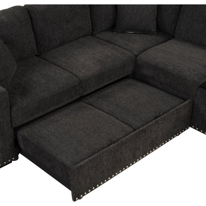 83.8" Reversible Sectional Pull-Out Sofa Bed L-Shaped Corner Sofa Couch with Storage Chaise, USB Ports, Power Sockets, Cup Holder for Living Room, Bedroom, Study, Black