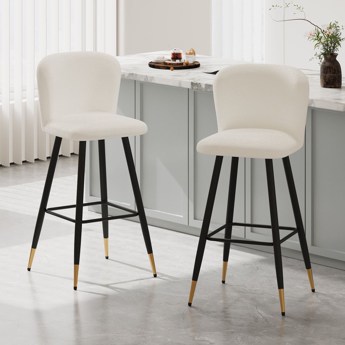 30'' modern style barstool,with white seats, black metal legs, and gold - tipped ends,suitable for various decoration styles