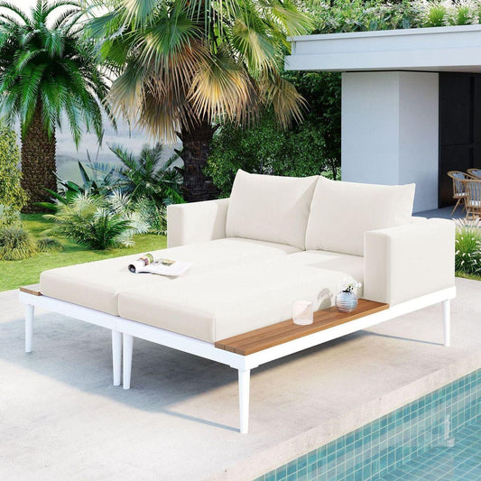 Modern Outdoor Daybed Patio Metal Daybed with Wood Topped Side Spaces for Drinks, 2 in 1 Padded Chaise Lounges for Poolside, Balcony, Deck, Beige