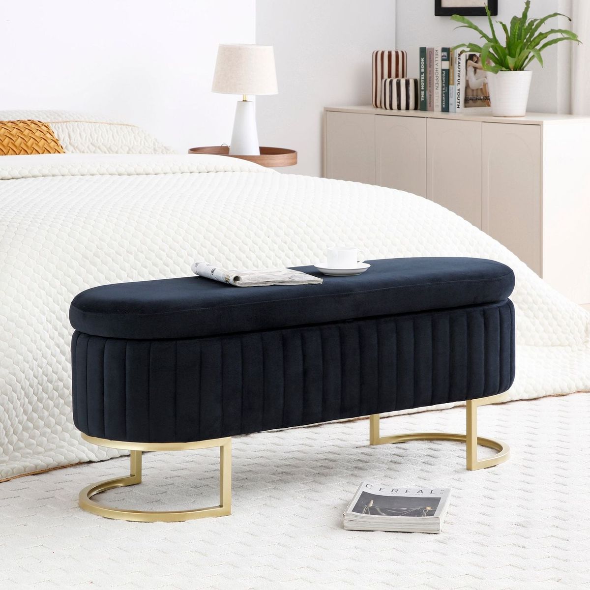 Storage Bench Bedroom Bench, Velvet Oval Upholstered End of Bed Bench with Golden Metal Legs,50"Modern Storage Ottoman Bench for Bedroom, Living Room,Entryway,Window, Black