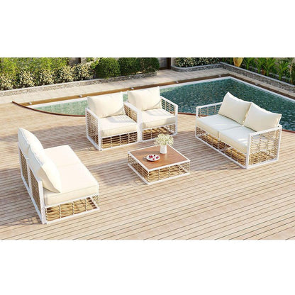 Modern Minimalist 7-Piece Metal Patio Sectional Sofa Set, All-Weather Garden Conversational Furniture Set with Thick Cushions and Coffee Table for Indoor Outdoor, White