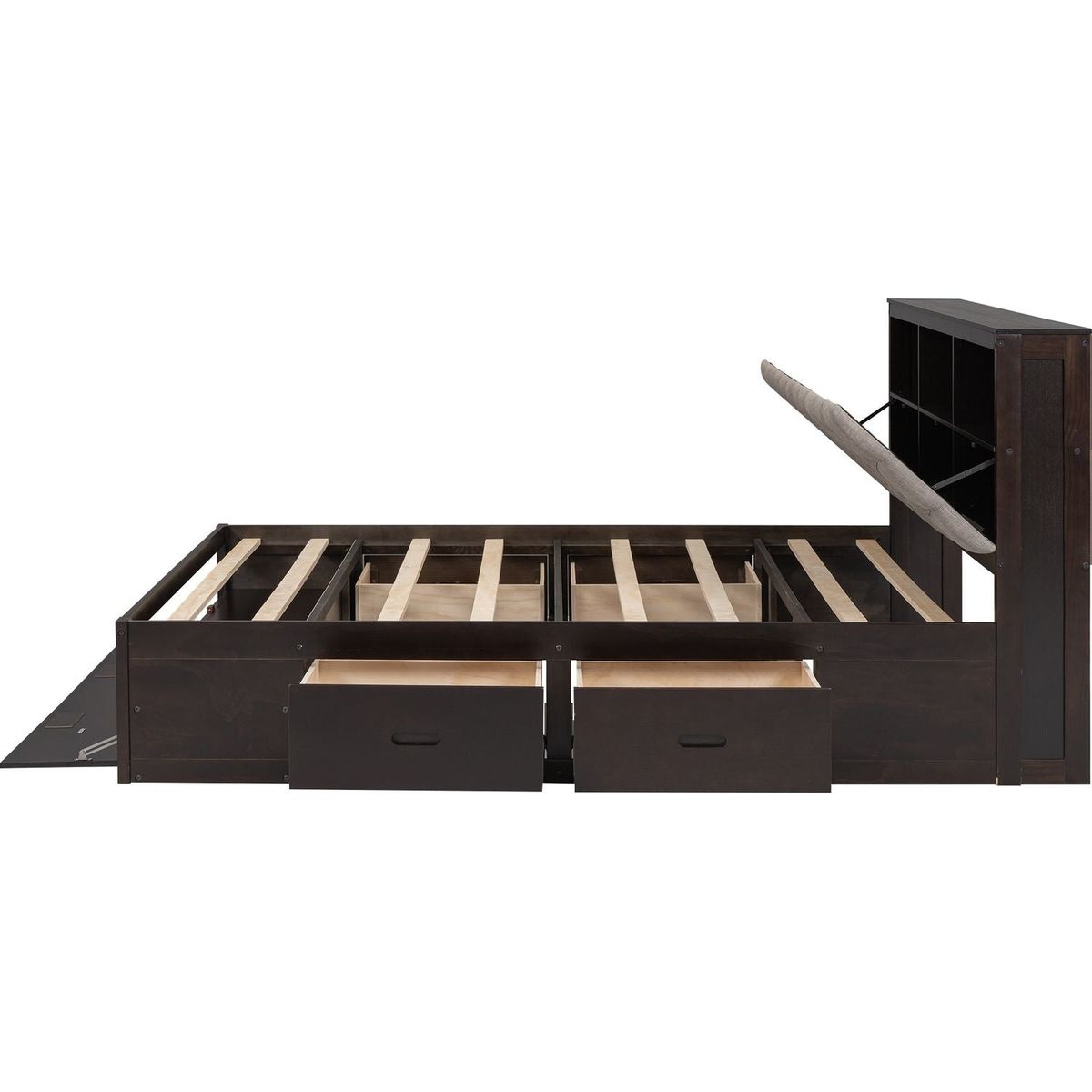 Wood Queen Size Platform Bed with Storage Headboard, shoe rack and 4 drawers,Espresso