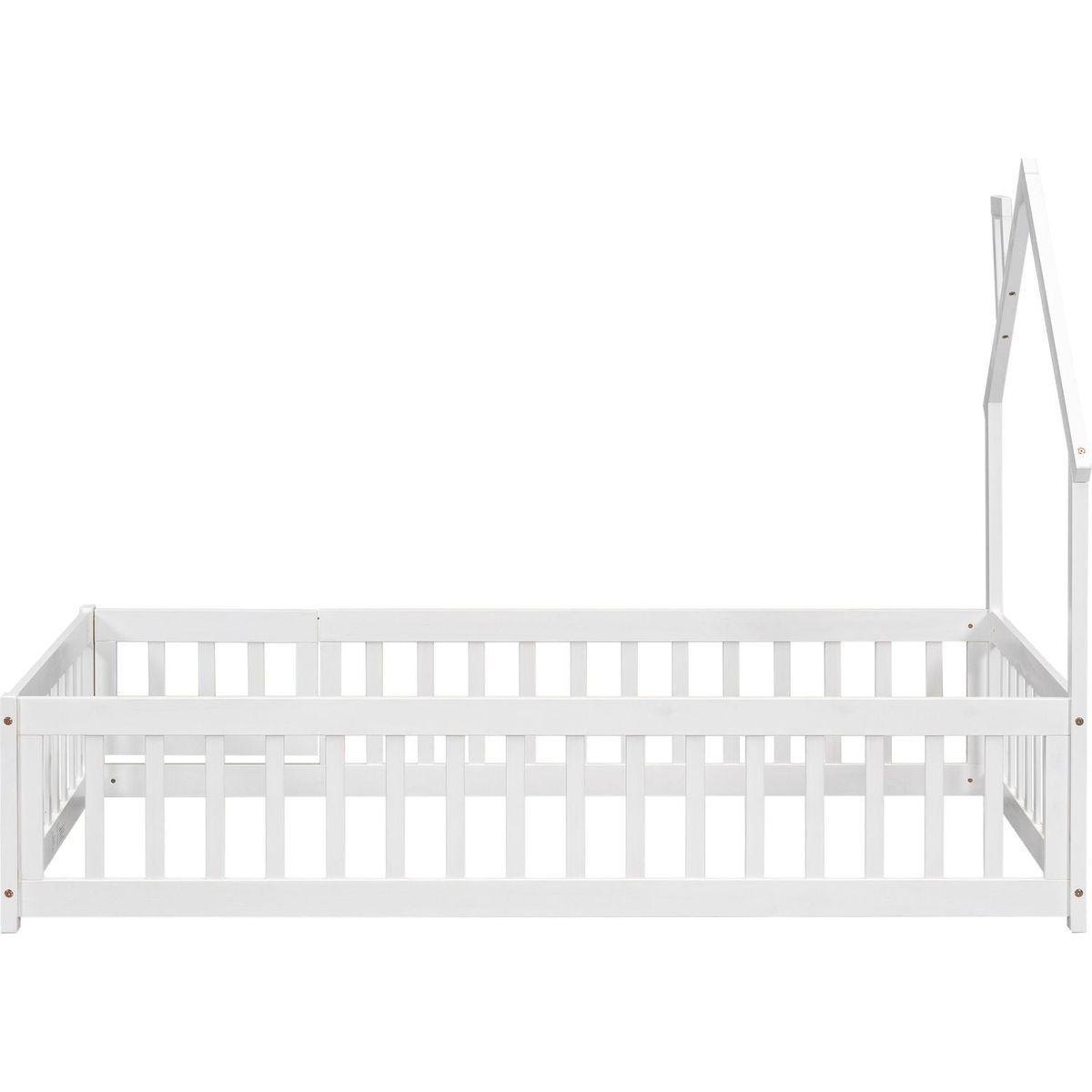 Twin House-Shaped Headboard Floor Bed with Fence,White