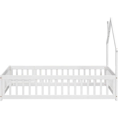 Twin House-Shaped Headboard Floor Bed with Fence,White