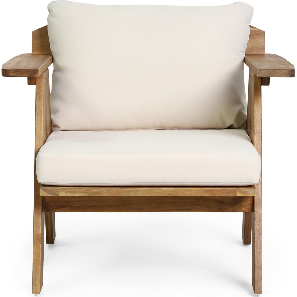 Outdoor Acacia Wood Club Chairs with Cushions (Set of 2), Teak Finish+ Beige, 30.75" W x 30.25" D x 26.00" H