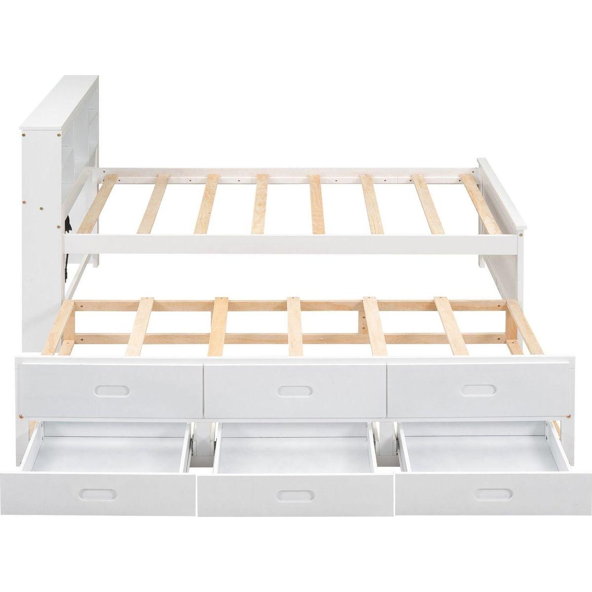 Twin Size Platform Bed with Storage Headboard, USB, Twin Size Trundle and 3 Drawers, White