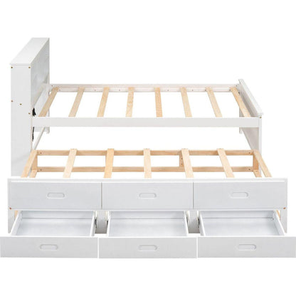 Twin Size Platform Bed with Storage Headboard, USB, Twin Size Trundle and 3 Drawers, White