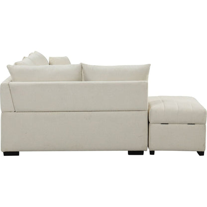 82.6" L-shaped Sectional Pull Out Sofa Bed Sleeper Sofa with Two USB Ports, Two Power Sockets and a Movable Storage Ottoman, Beige