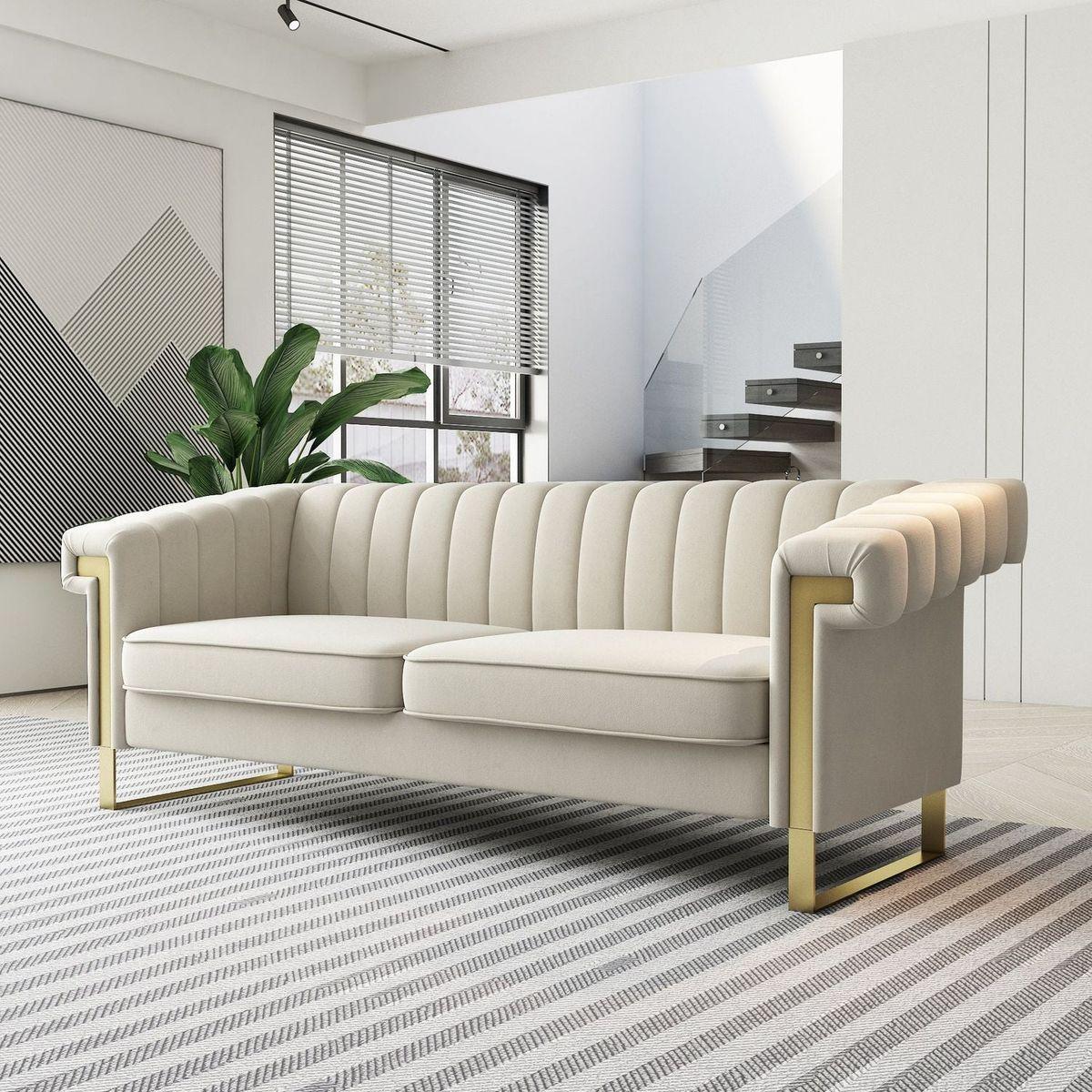 SOFA Modern Cream Velvet Sofa with Gold Accents - Sleek Channel-Tufted Upholstery, 3-Seat Couch for Living Room and Office Decor