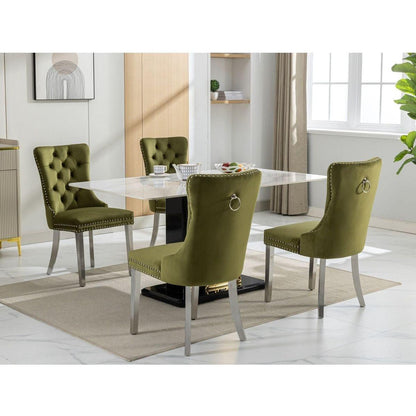 Nikki Collection Modern, High-end Tufted Solid Wood Contemporary Velvet Upholstered Dining Chair with Chrome Stainless Steel Plating Legs,Nailhead Trim,Set of 2,Olive-Green and Chrome
