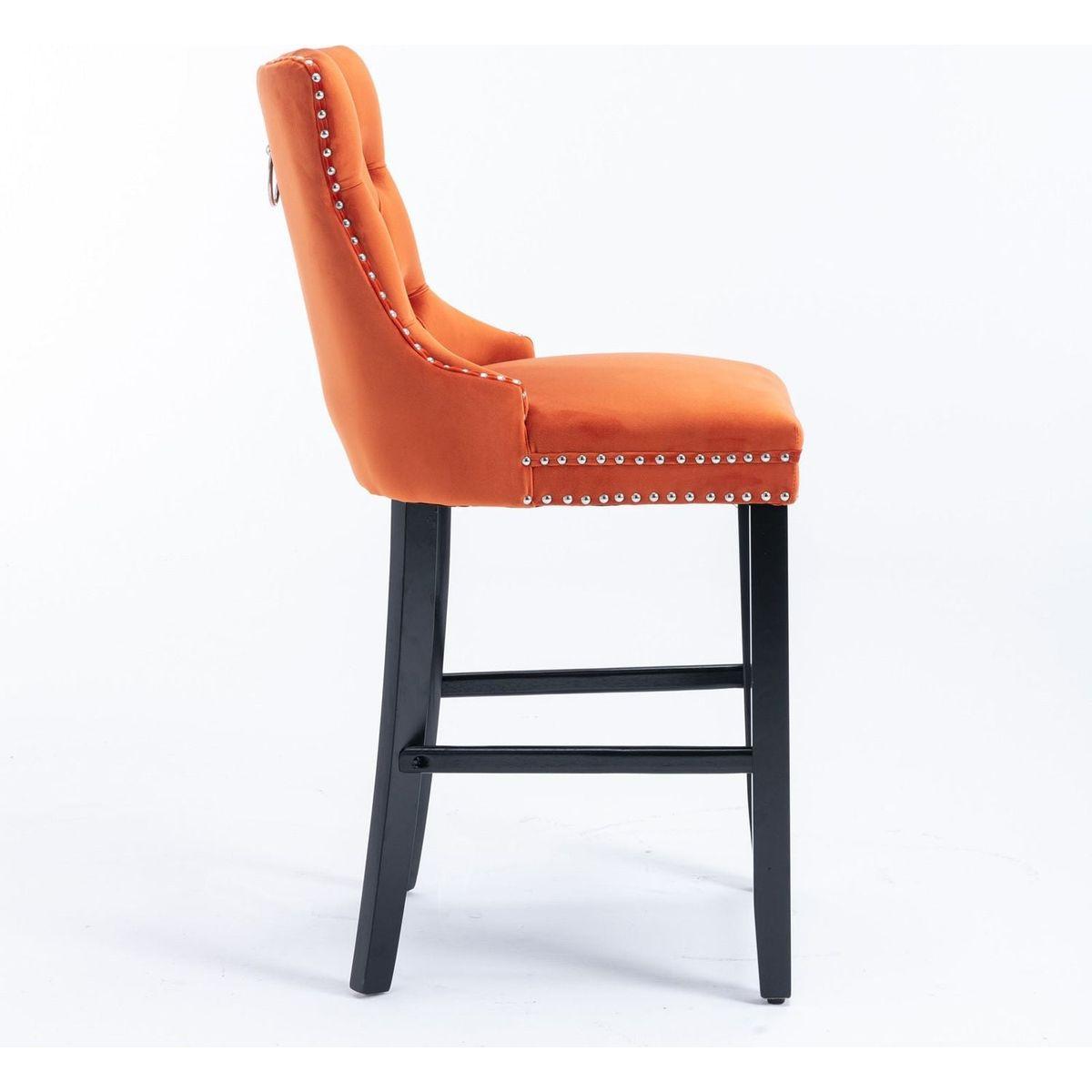 Contemporary Velvet Upholstered Barstools with Button Tufted Decoration and Wooden Legs, and Chrome Nailhead Trim, Leisure Style Bar Chairs,Bar stools, Set of 2 (Orange)