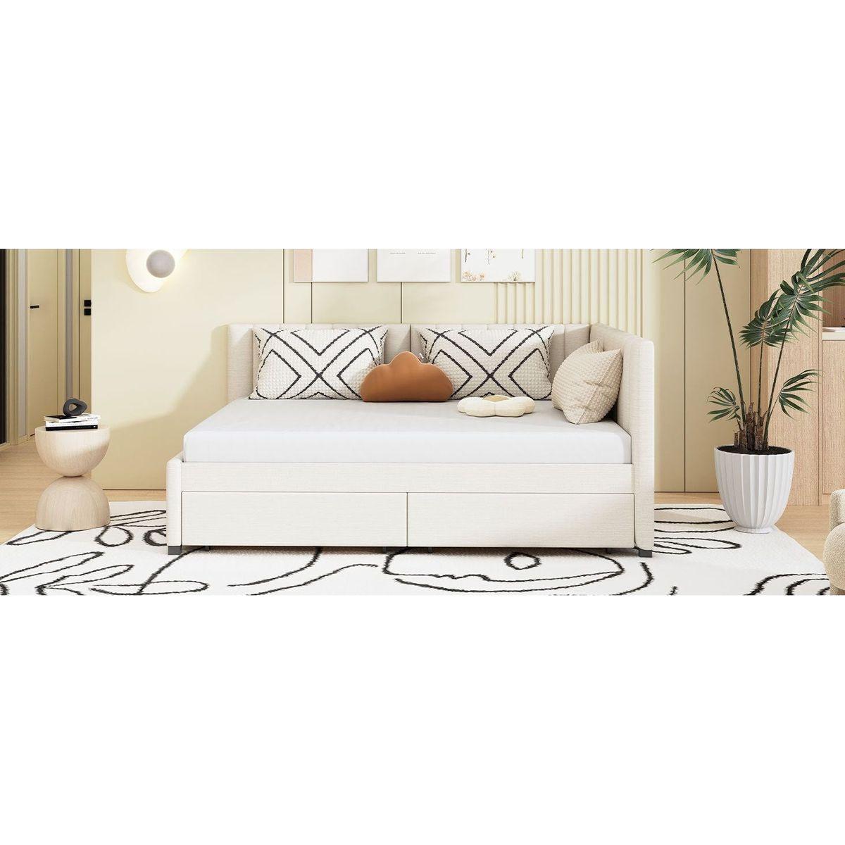 Full Size Upholstered Daybed with 2 Storage Drawers Sofa Bed Frame No Box Spring Needed, Linen Fabric (Beige)