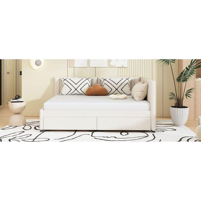 Full Size Upholstered Daybed with 2 Storage Drawers Sofa Bed Frame No Box Spring Needed, Linen Fabric (Beige)