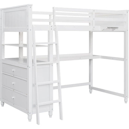 Twin size Loft Bed with Drawers and Desk, Wooden Loft Bed with Shelves - White