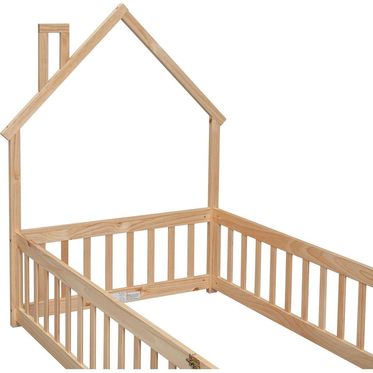 Twin House-Shaped Headboard Floor Bed with Fence ,Natural