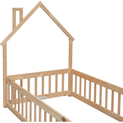 Twin House-Shaped Headboard Floor Bed with Fence ,Natural