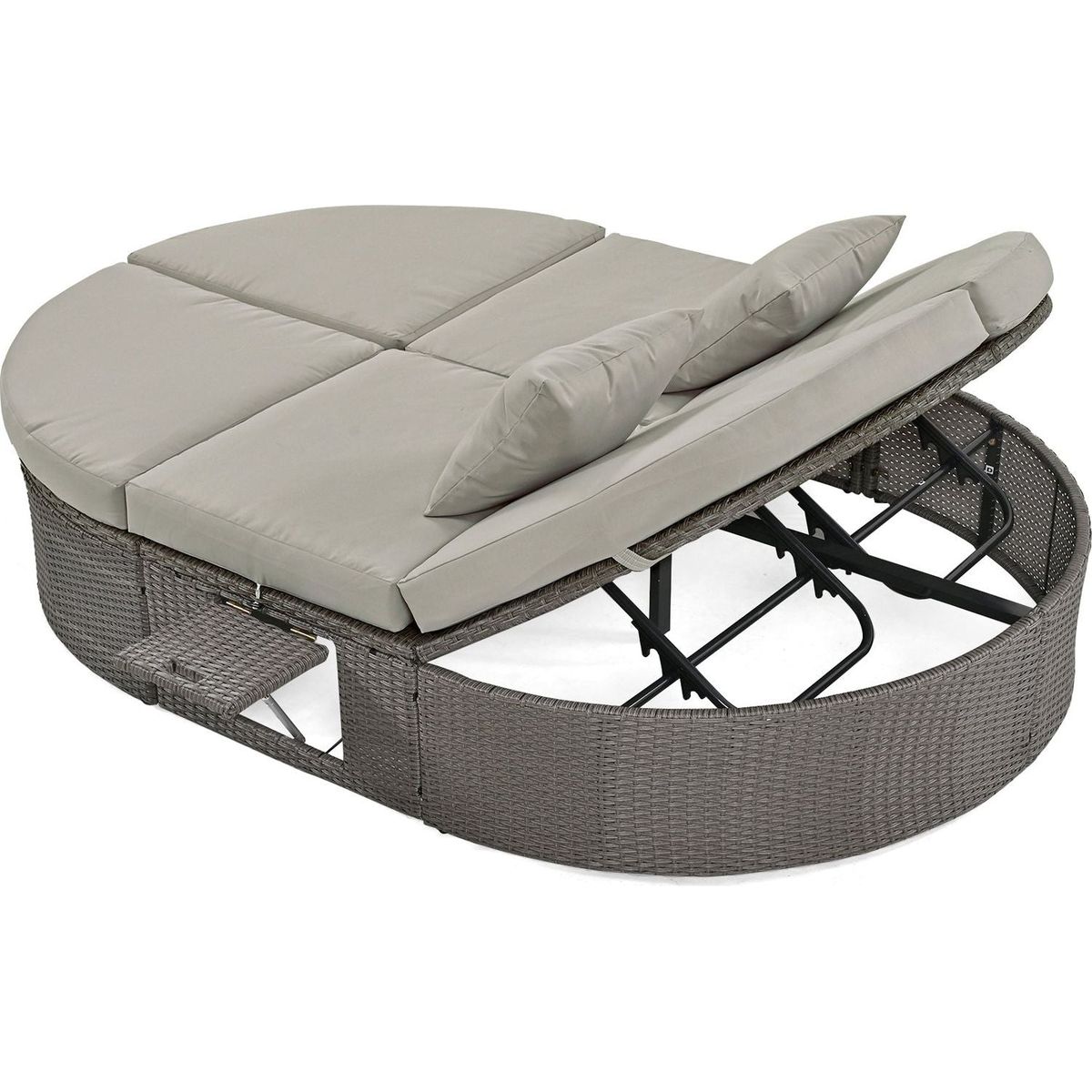 Outdoor Sun Bed Patio 2-Person Daybed with Cushions and Pillows, Rattan Garden Reclining Chaise Lounge with Adjustable Backrests and Foldable Cup Trays for Lawn,Poolside, Gray
