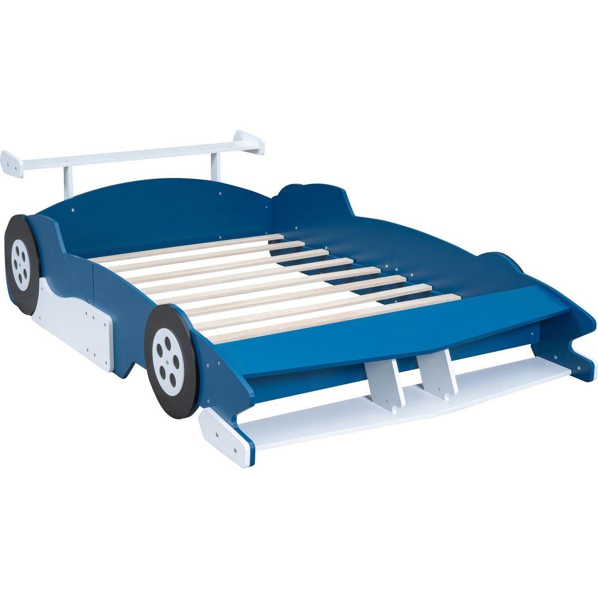 Full Size Race Car-Shaped Platform Bed with Wheels,Blue