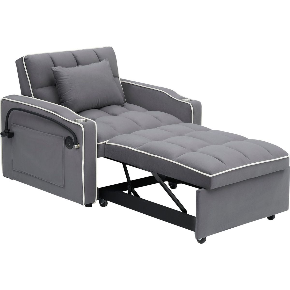 1 versatile foldable sofa bed in 3 lengths, modern sofa sofa sofa velvet pull-out bed, adjustable back and with USB port and ashtray and swivel phone stand dark grey