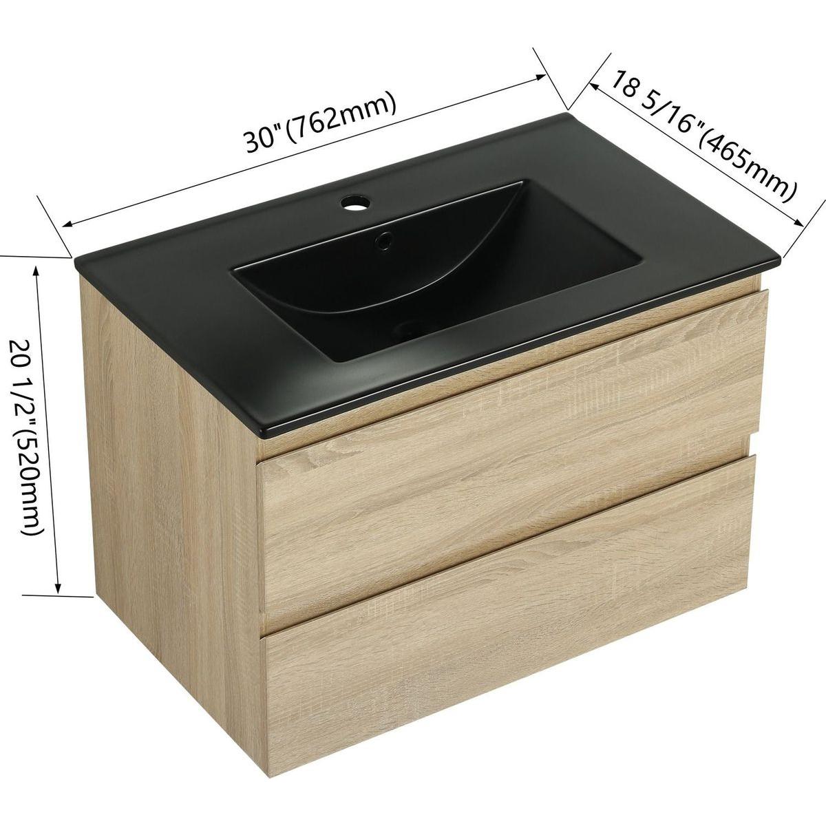 30" Wall-Mounted Bathroom Vanity With Black Ceramic Sink, 2-Soft Close Drawers, KD-Package