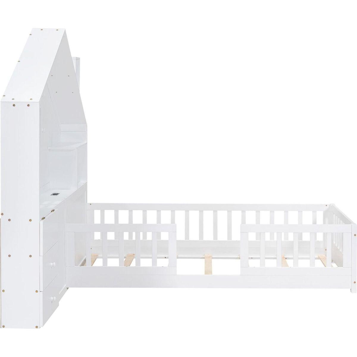 Twin Size House Bed with Window and Bedside Drawers, Platform Bed with Shelves and a set of Sockets and USB Port, White