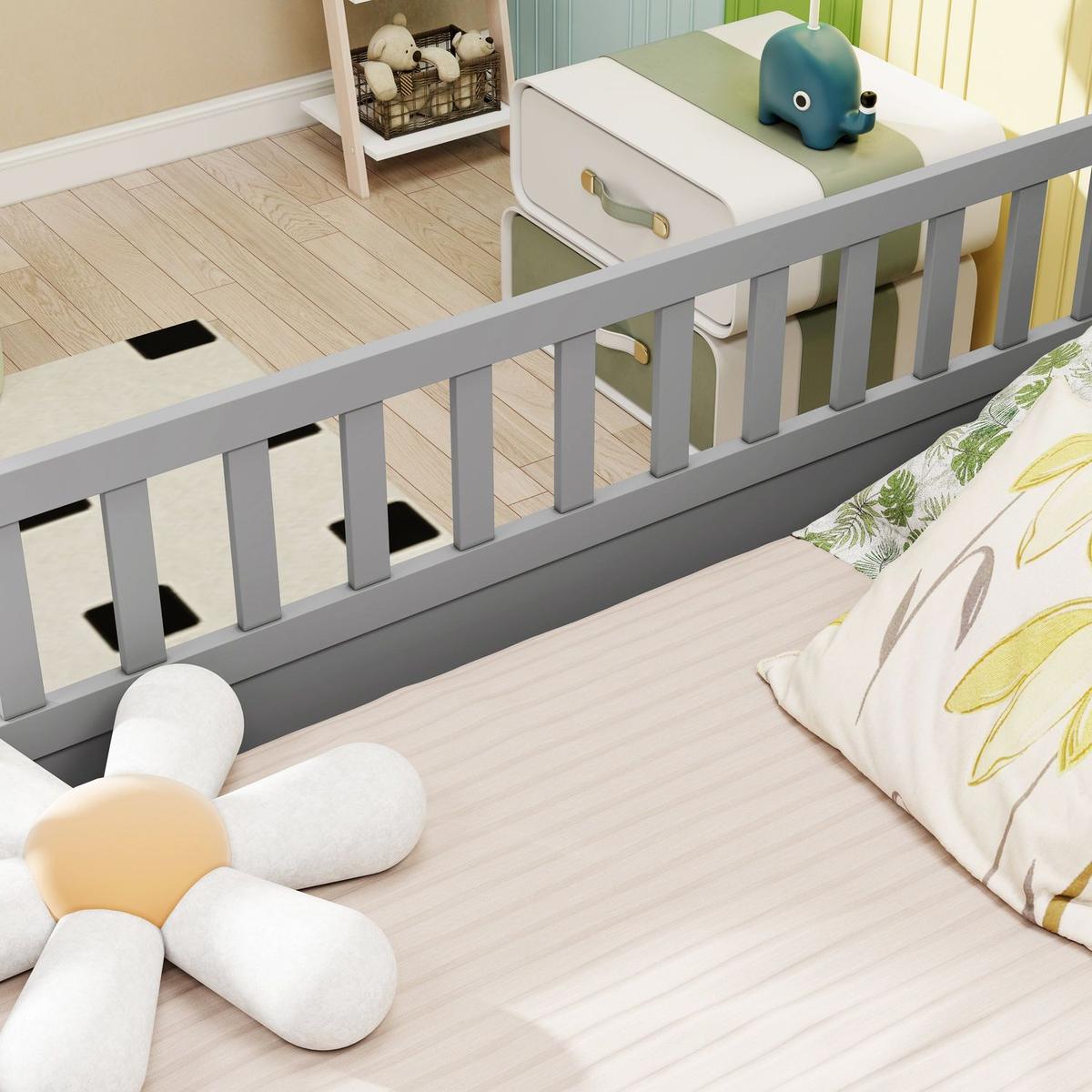 Full size Floor bed, integral construction with super high security barrier, door, children's floor bed frame, Montessori wooden children's floor bed, Grey