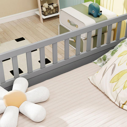 Full size Floor bed, integral construction with super high security barrier, door, children's floor bed frame, Montessori wooden children's floor bed, Grey