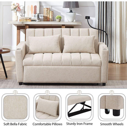 55.9" Convertible Sofa Bed Loveseat Sofa with Three USB Ports, Two Side Pockets, Two Cup Holders and 360Swivel Phone Holder for Living Room, Beige