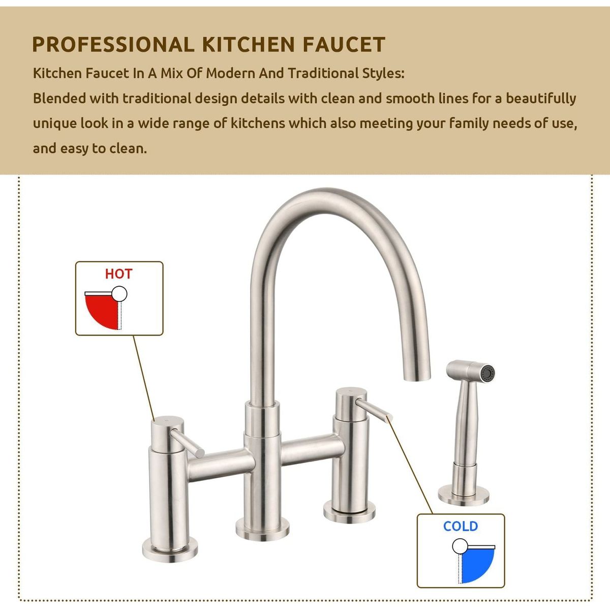 Double Handle Bridge Kitchen Faucet with Side Spray