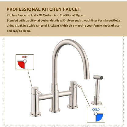 Double Handle Bridge Kitchen Faucet with Side Spray