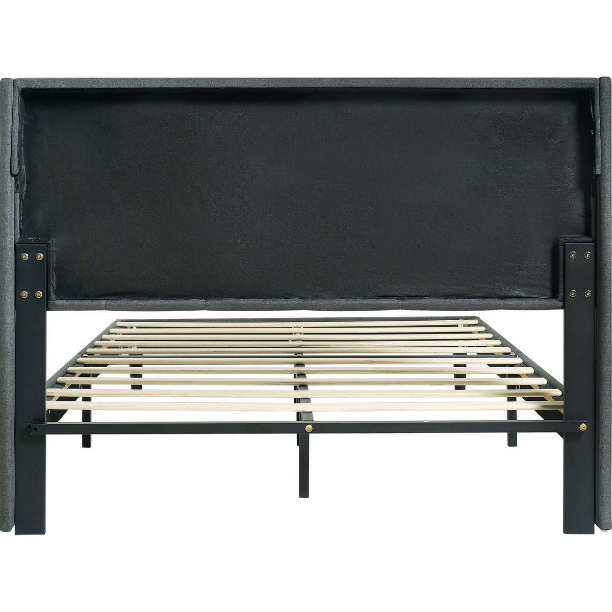 Queen Size Upholstered Platform Bed Frame with Modern Button Tufted Linen Fabric Headboard, No Box Spring Needed, Wood Slat Support, Easy Assembly, Drak Grey