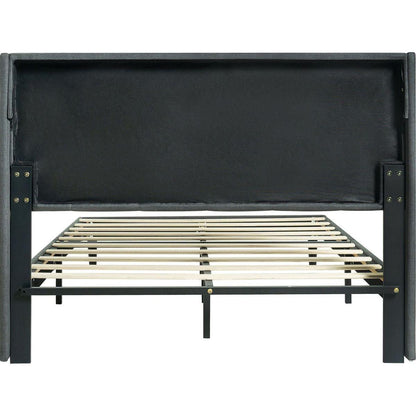 Queen Size Upholstered Platform Bed Frame with Modern Button Tufted Linen Fabric Headboard, No Box Spring Needed, Wood Slat Support, Easy Assembly, Drak Grey