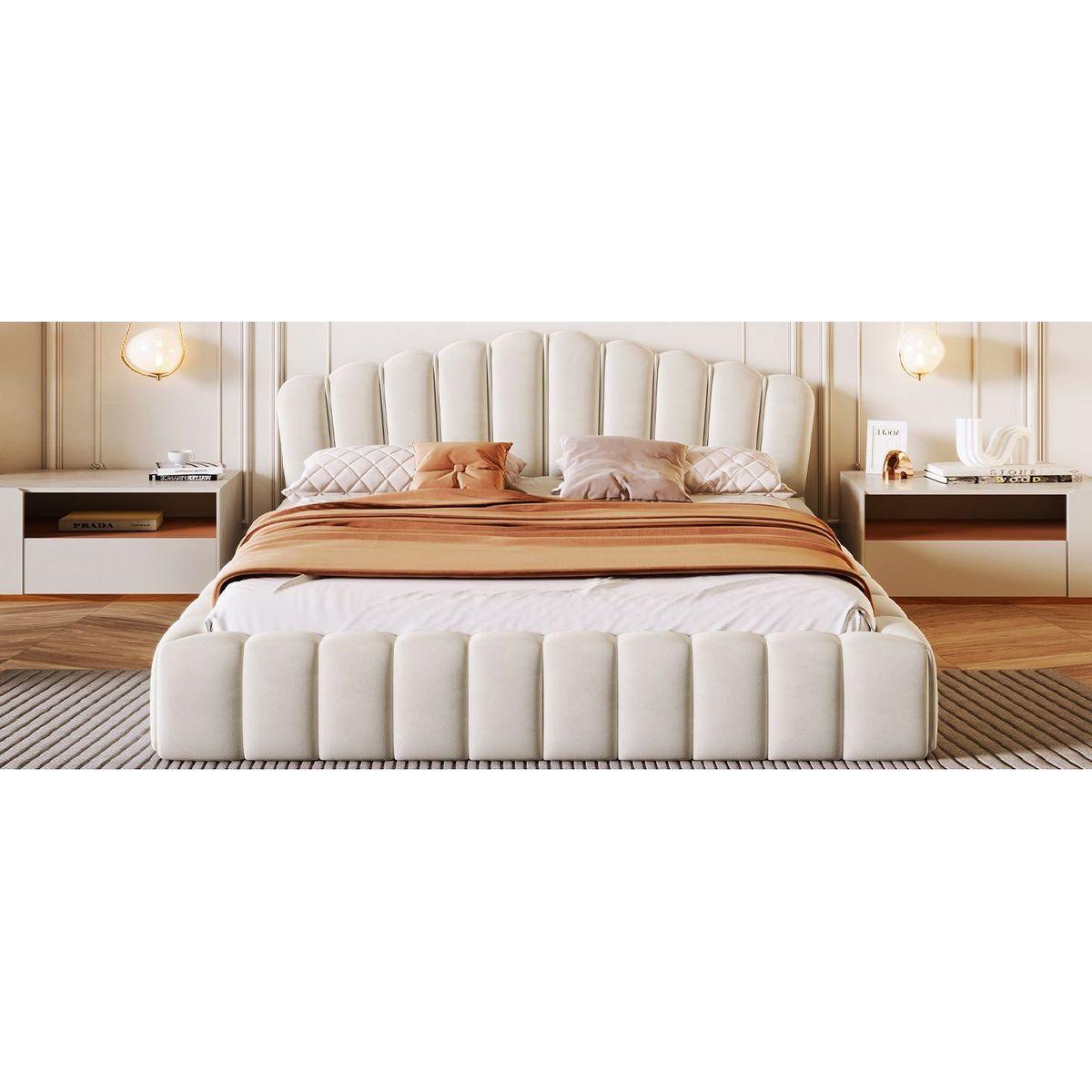 Velvet Upholstered Queen BED Frame Shell-Shaped Headboard for Bedroom,No Box Spring Needed,Beige