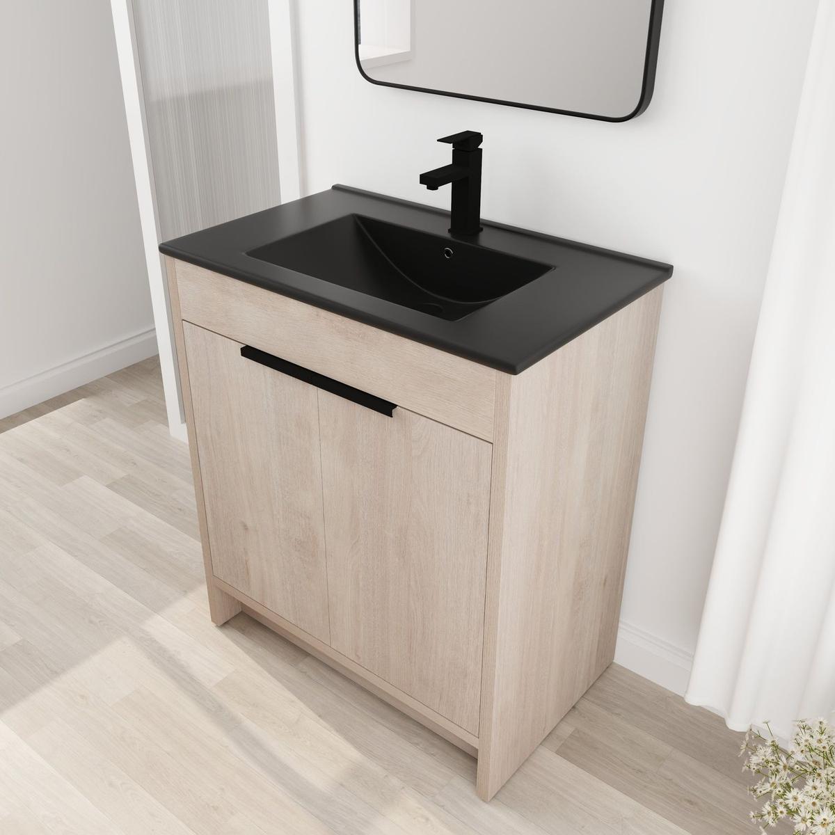 30 Inch Freestanding Bathroom Vanity with Black Ceramic Sink & 2 Soft-Close Cabinet Doors (BVB02430PLO-BL9075BK),W1286S00019